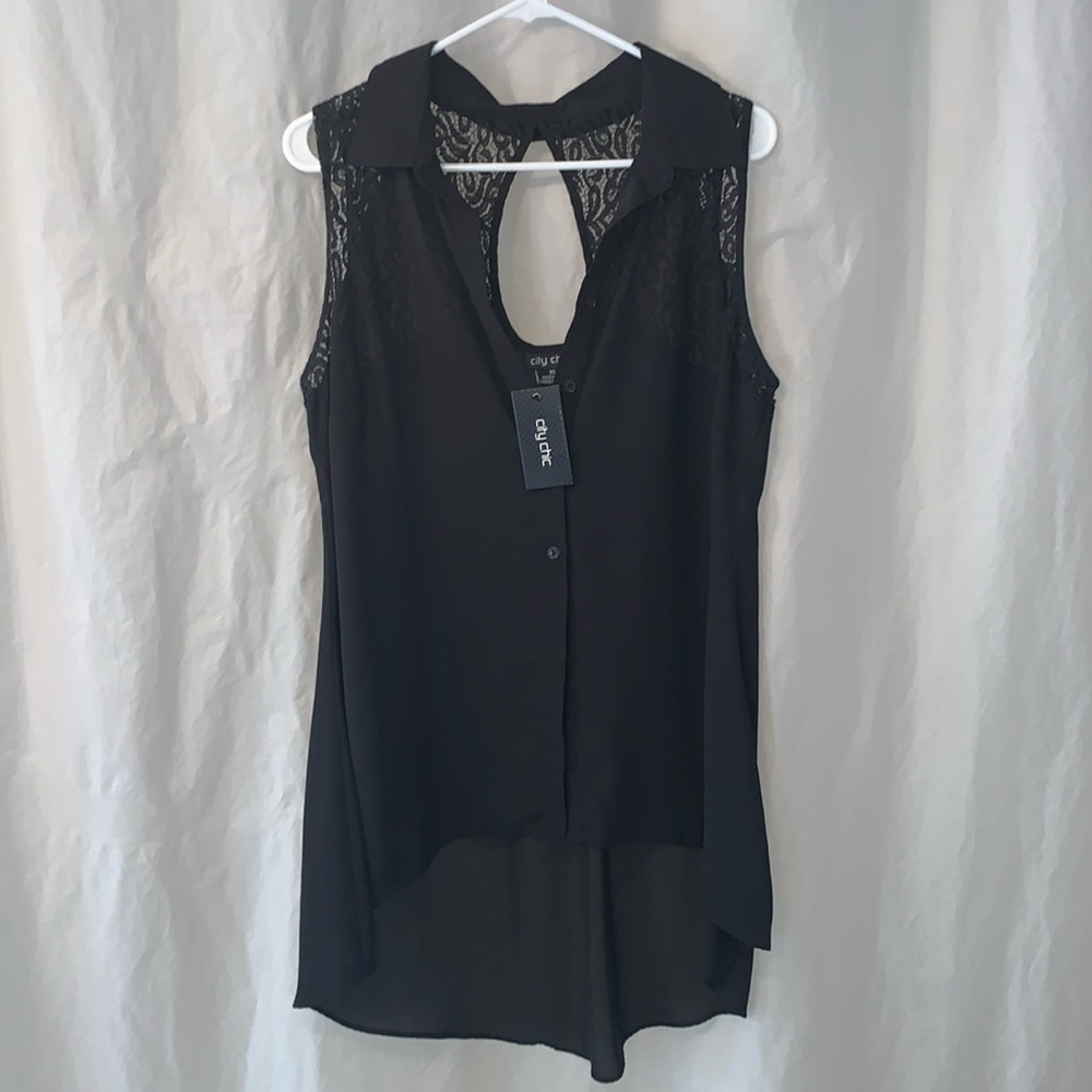 NWT XS (14) Flirty Lace Black City Chic Sleeveless Button Up Top (Plus Size)
